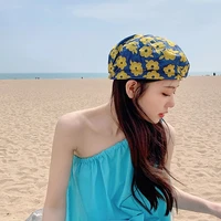fashion trend hat female summer thin section street shooting painter hat flower embroidery beret korean version
