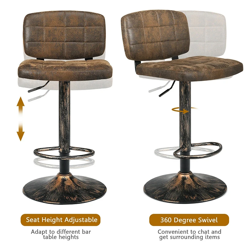 

2 Adjustable Bar Stools Swivel Bar Chairs Set Ergonomic Footrest Backrest Sturdy Metal Frame Breathable Cloth Restaurants Chairs