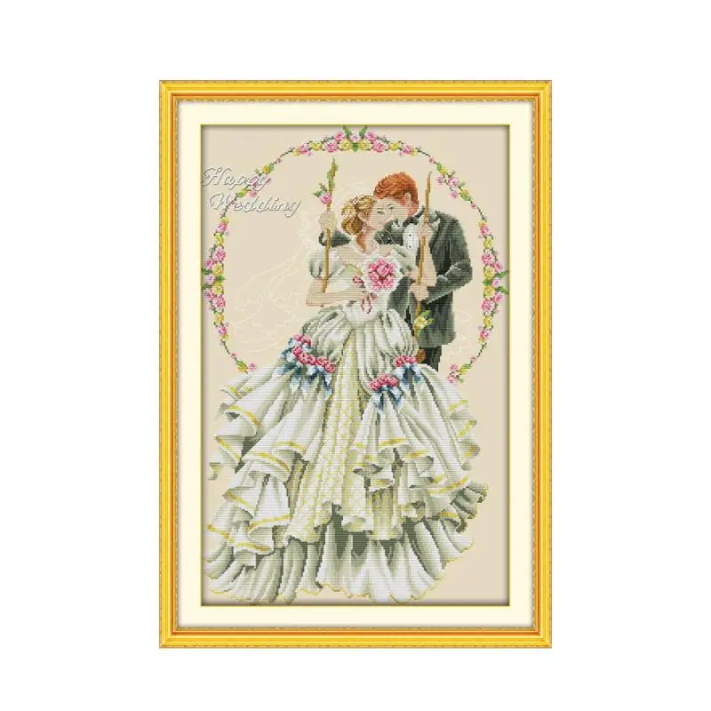 

Happy wedding cross stitch kit people lover light yellow canvas 14ct 11ct count print fabric embroidery DIY handmade needlework