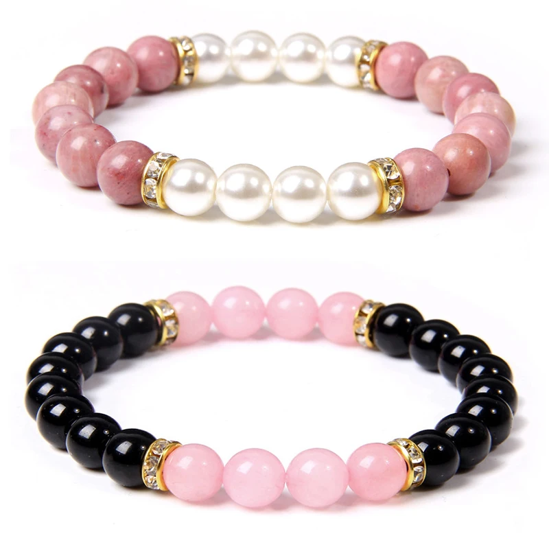 Pink Quartzs Bracelet Black Onyx Natural Freshwater Pearl Bangle Rhodochrosite Beaded Bracelet For Women Men Exquisite Jewelry