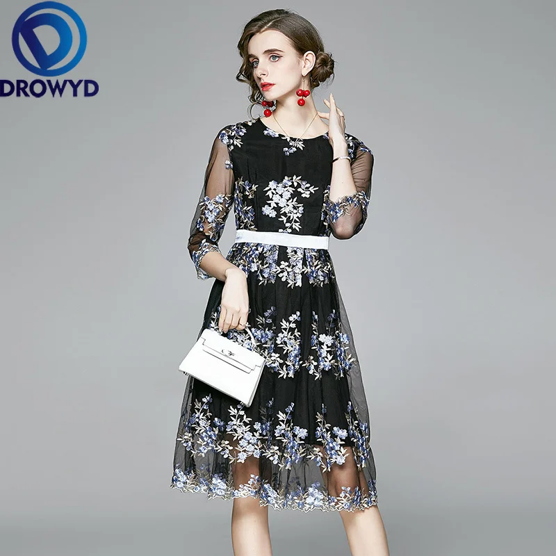 

DROWYD Women Summer Luxury Embroidery Mesh Dress Festa High Quality Elegant Cocktail Party Robe Femme Floral Designer Vestidos