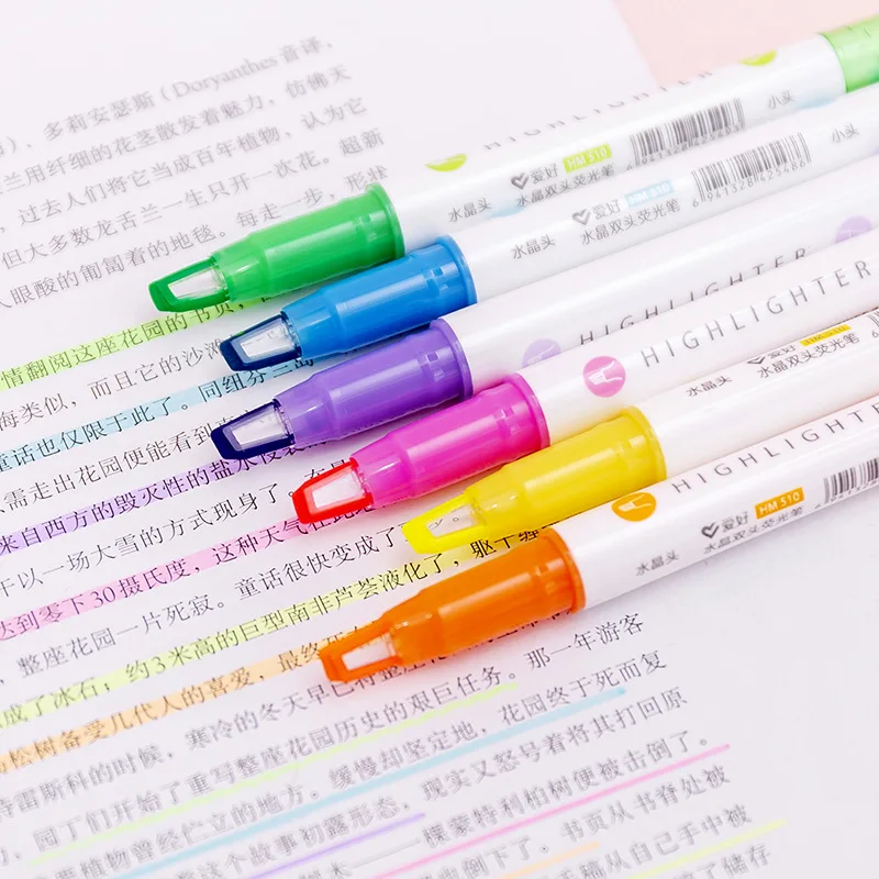 

6PCS HM510 Hobby Crystal Head Double-headed Highlighter Fluorescent Candy Color Marker Color Middle School Student Review Pen