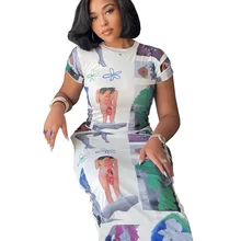 Vintage Printed Summer Dresses For Women 2021 Hot Recommend Korean Style Short Sleeve Sheath Midi Bi