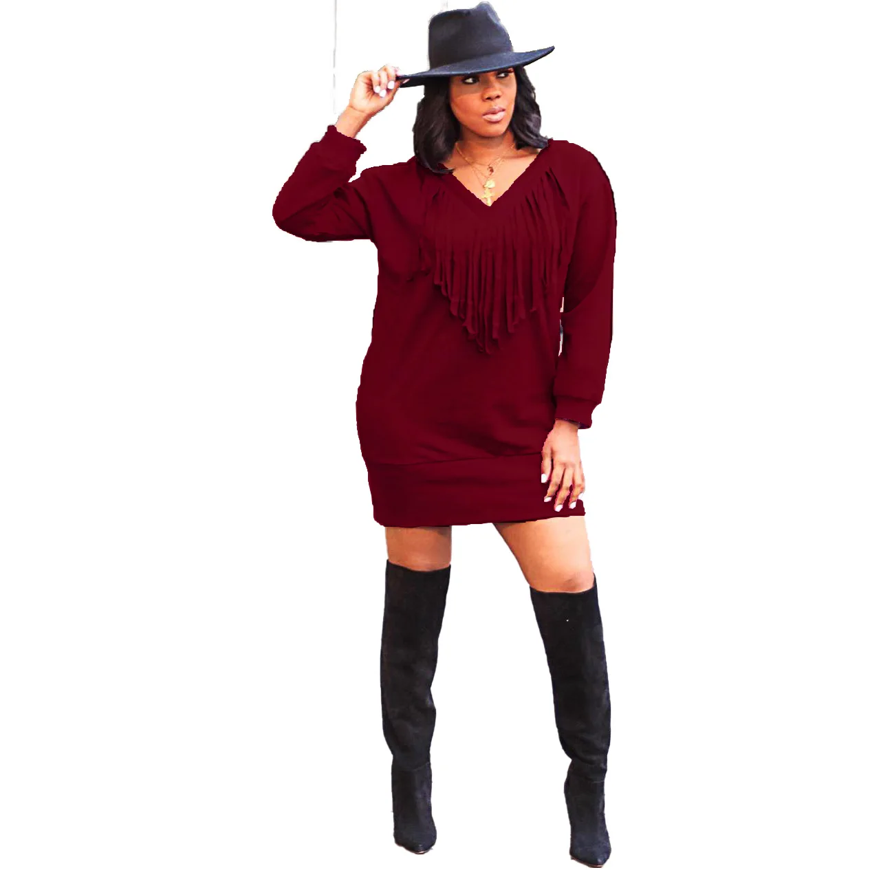

Chocomist Dresses Casual Solid Tassel Design Long Sleeve Autumn&winter Women Midi Dress H3524