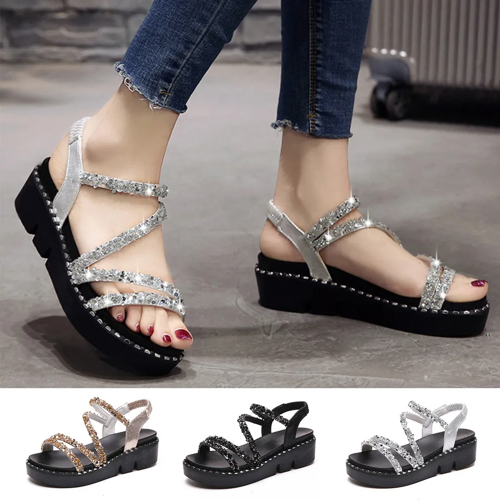 

2020 new summer women's elastic band with rhinestone solid color wedge with elastic band casual shoes sandals