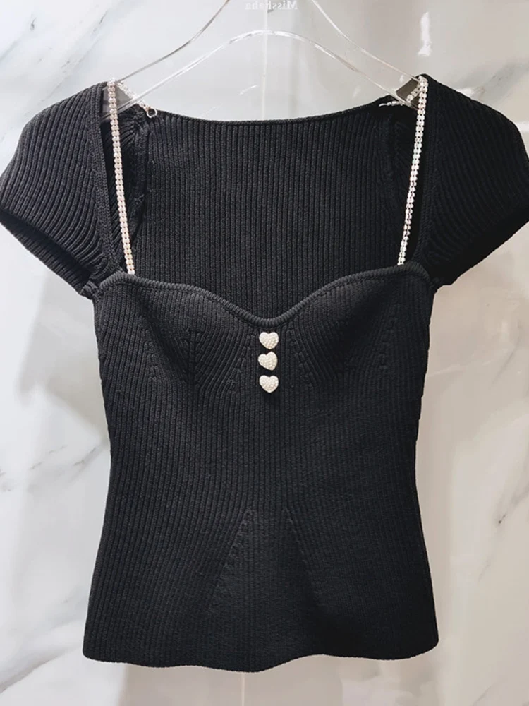 

Sexy Leaky Shoulder Diamond-studded Shoulder Strap Diamond Buckle Tube Top Knitted Elastic Tight T-shirt Ladies Summer New Style