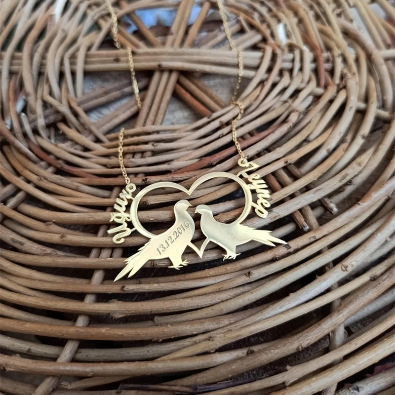 Романтическое ожерелье с птицами на заказ персонализированное именами пар кулон
