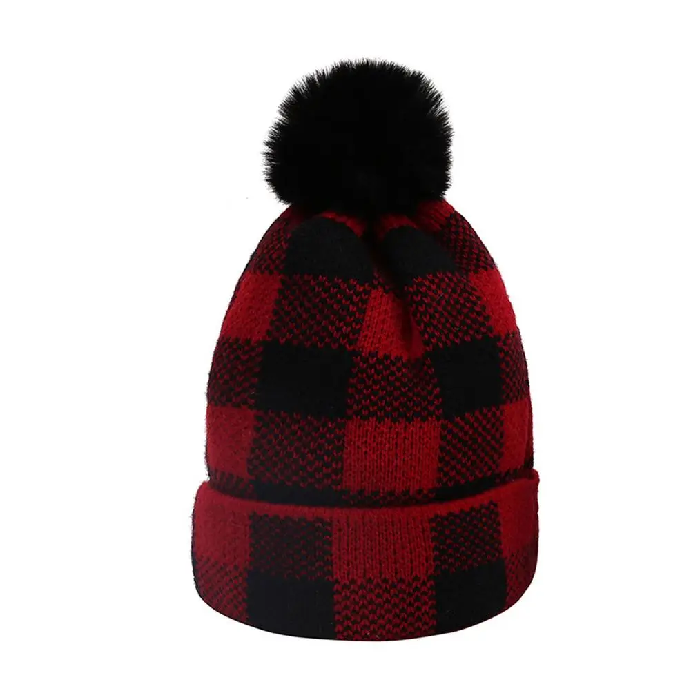 

Parent-child Hat Knitted Winter Warm Pom Beanie Cap Superior Knitting Mother Kids Hat Black-red Plaid Christmas Theme For Mom Ba