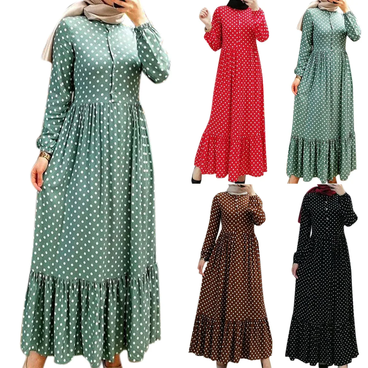 

Women's Muslim Sundress Elegant Polka Dot Print Ruffle Dress Women's Layered Print Robe Casual Puff Sleeve Maxi Vesitdos Abaya