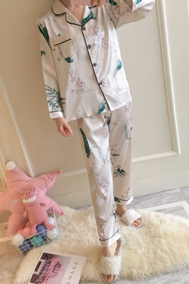 Пижамы для женщин атласные женские пижамы с принтом наборы длинными рукавами