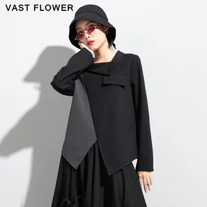 Женская футболка с длинным рукавом, асимметричная, в стиле пэчворк, с отложным воротником, свободная, повседневная, весна-осень, 2021