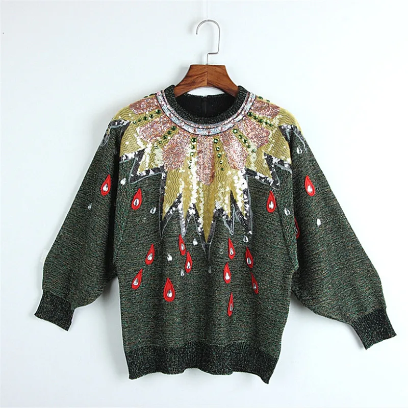 2019 Winter Luxury Sequins Neck Women Sweater Pullover Runway Diamond Long Sleeve Christmas Knitted Jumper Clothes | Женская одежда