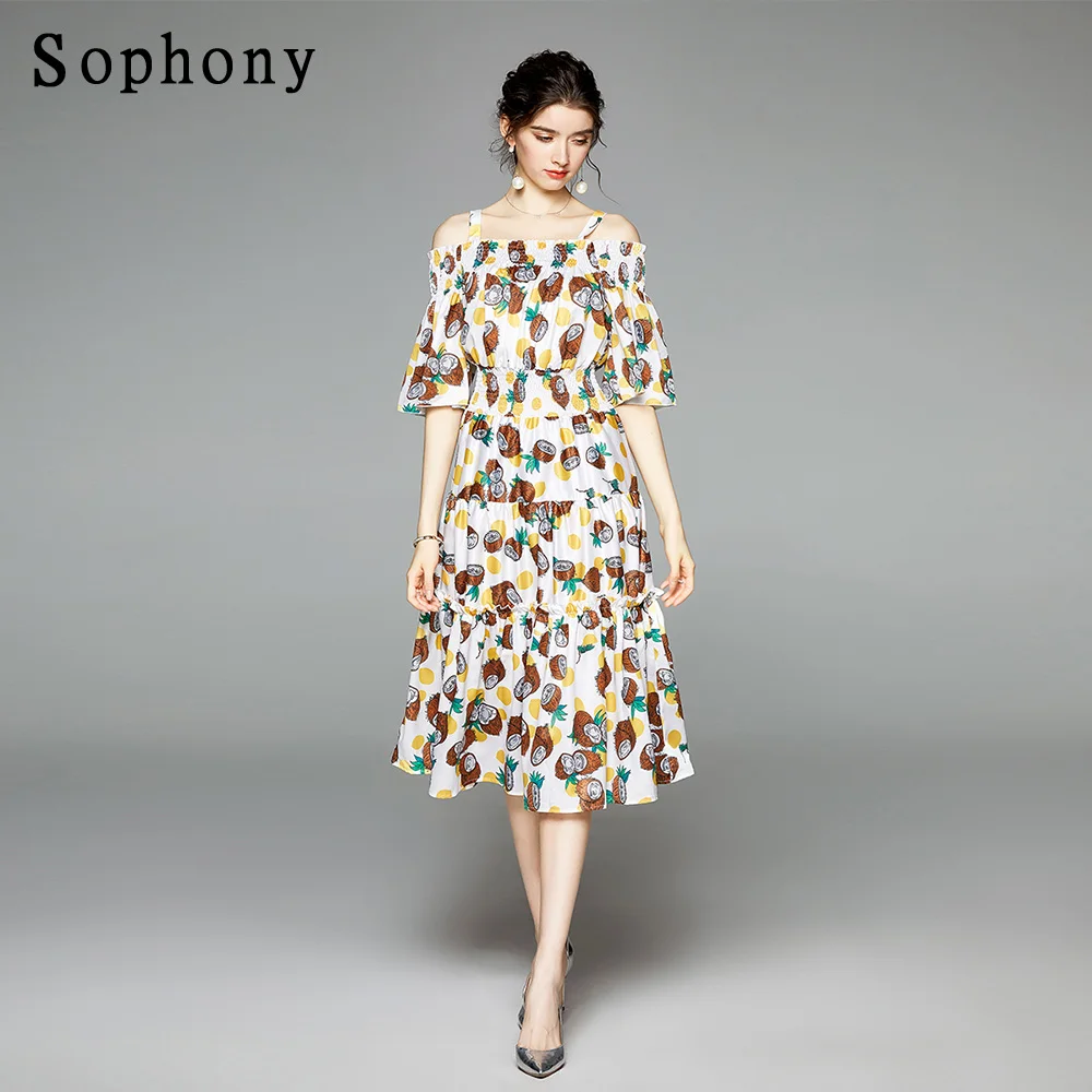 

Sophony 2021 Summer Holiday Women's Spaghetti Strap Cloak Midi Dress Slash Neck Elastic Waist Floral Print Beach Dress S7340