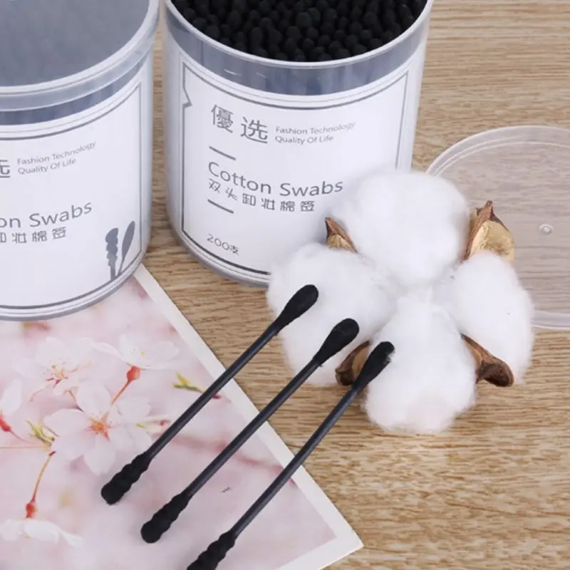 

200pcs Disposable Cotton Swab Spiral Ear Cleaner Black Double Heads Swab Makeup