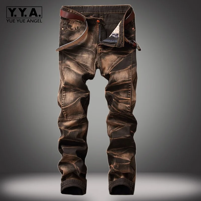 

Retro Euro Mens Jeans Vintage Straight Skinny Pants Motor Biker Male Pants Full Length Zipper Punk Denim Trousers Jeans Hombre