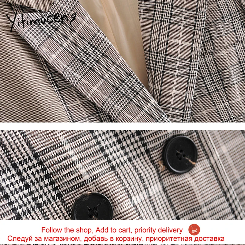 

yitimuceng Office Lady blazer 2020 new patchwork double breasted fashion elegant plaid blazer casual high quality jacket women
