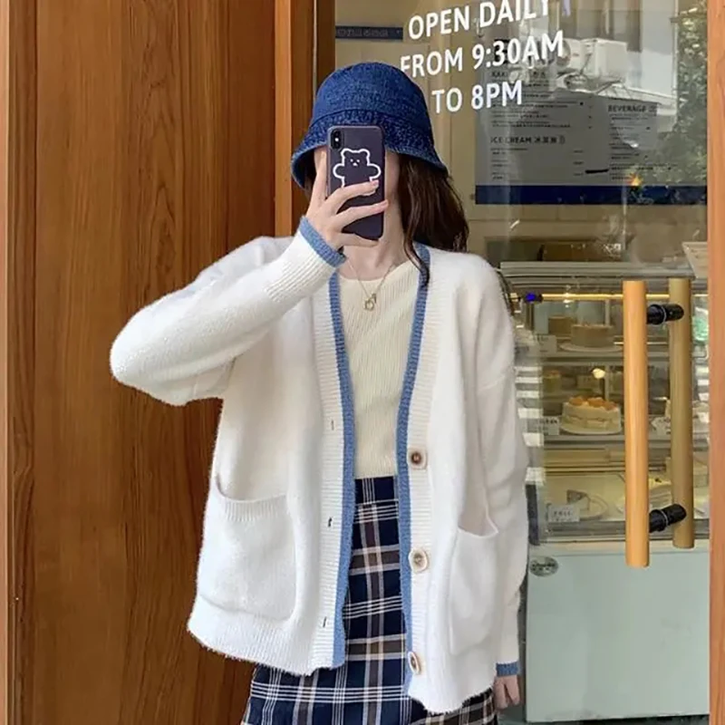 

Stitching Color Women Cardigan Autumn Winter V-neck Pocket Sweet Pink White Cardigan Woman Sweaters Korean Loose Student Sweater