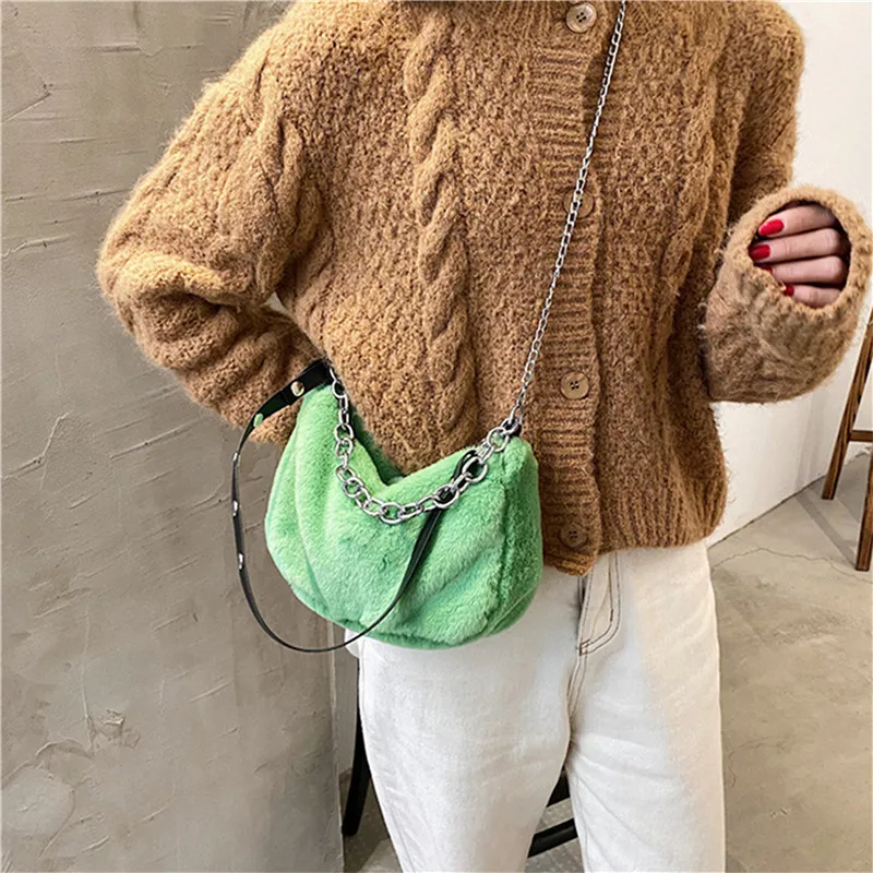 

Fashion Autumn Winter Shoulder Underarm Bags For Women Vintage Plush Solid Color Casual Messenger Bag Travel Street Chain Totes