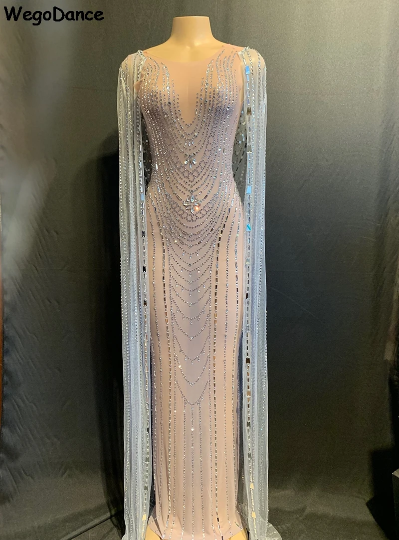 dress with cape Новая женская одежда, Прозрачное платье-накидка с блестящими камнями, сетчатый вечерний костюм, платья для празднования дня рождения - Цвет: dress with cape