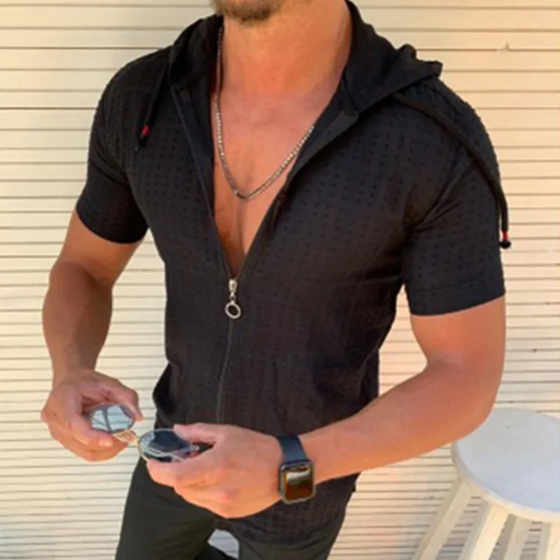 

New Hawaiian Shirt 2021 Mens Casual Zipper Short Sleeve Loose Summer Fashion Henley Shirt Hawaiian High quality With Hood Shirt