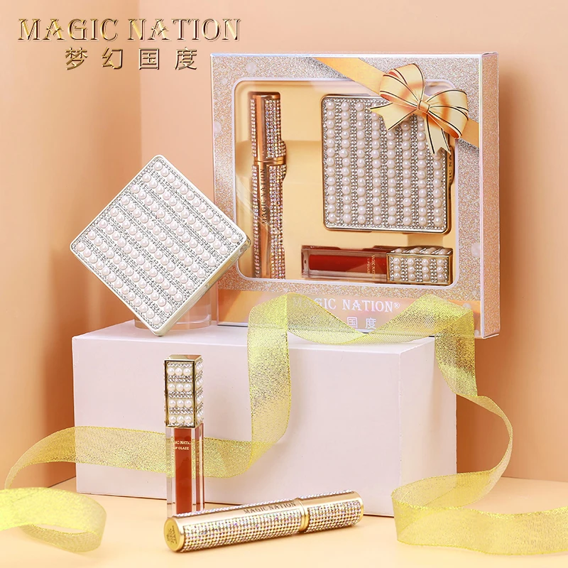 Beauty Pearl Diamond Shinny Makeup Set Lipgloss Eyeshadow Mascara Matte Velvet lipglaze Curcling lengthing Waterproof Pigmented
