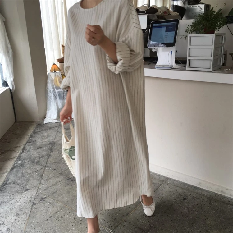 

New 2021 Winter Spring Women Dresses Sashes Straight Prairie Chic Elegant Striped Midi Ankle-Length Female DR1695