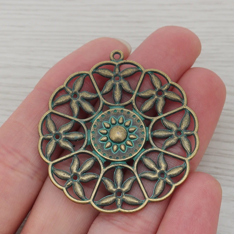 3 x зеленого вердигрис патина большие металлические полые цветок круглые