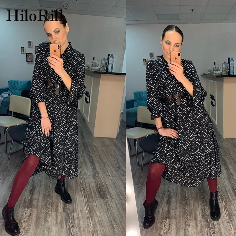 Винтажное платье HiloRill с воротником бантом женское миди длинным рукавом и