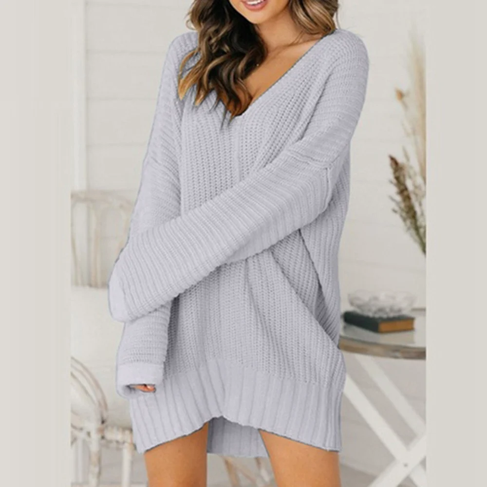 

Women Long Sleeve Sweater Dress Women Autumn Casual Oversized Dress Female V-neck Loose Short Mini Knitted Dresses
