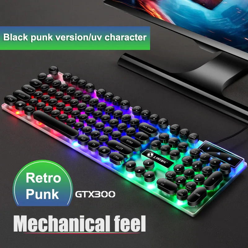 

Gamer Mechanical Feel Keyboard 104 Keys Retro Punk Round Keycaps Backlit LED Keyboards and Mouse For Gamers PC Laptop Notbook