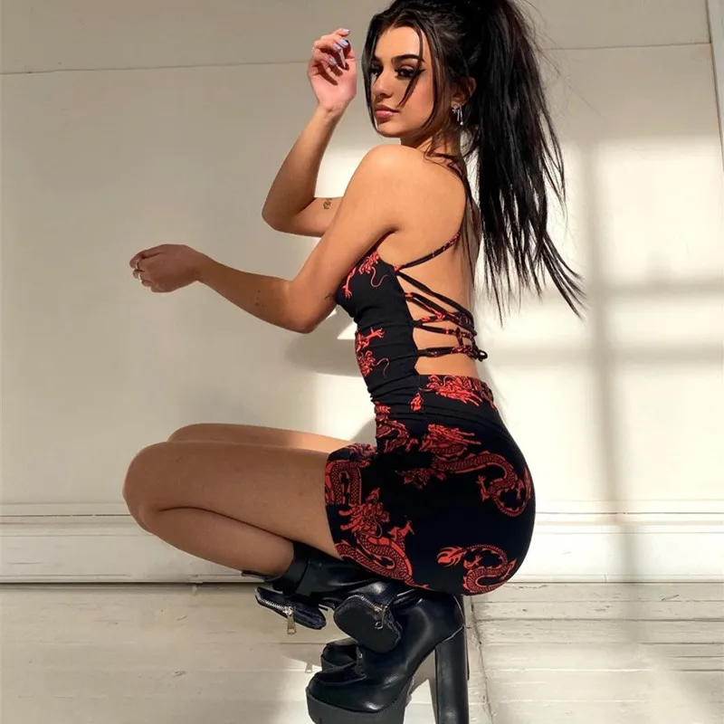 

Y2K Women Summer Skirt Dragon Printing Spaghetti Strap Backless Cross Straps Sheath Dress for Girls, Black