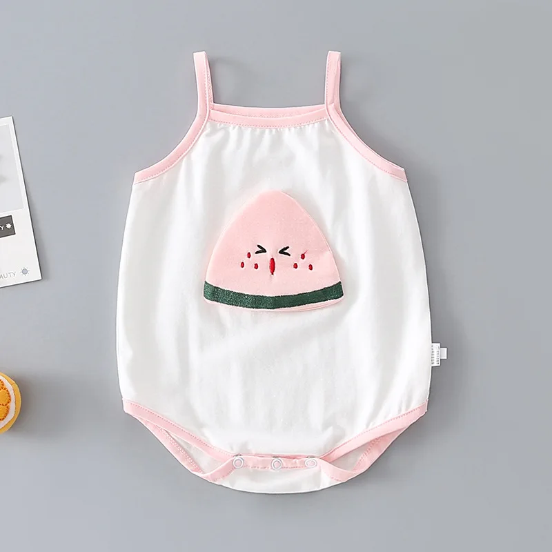 

Newborn Infant Baby Boy Girl Sweet Cotton Cartoon Printed Sleeveless Sling Bodysuits Toddler Soft Hemming Thin Clothes