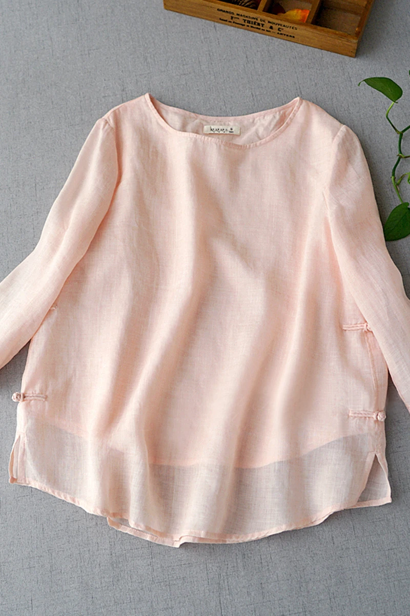

Spring Summer Women Loose Plus Size Chinese Style Buttons Comfortable Water Washed Thin Ramie Pullover Tops Shirts/Blouse