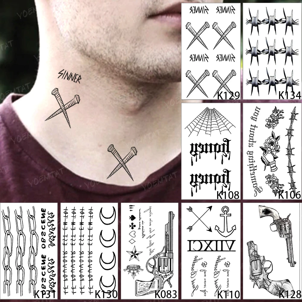 

9pc Waterproof Temporary Tattoo Sticker Nail Cross Thorns Chain Black English Word Flash Tatoo Man Neck Body Art Fake Tato Woman
