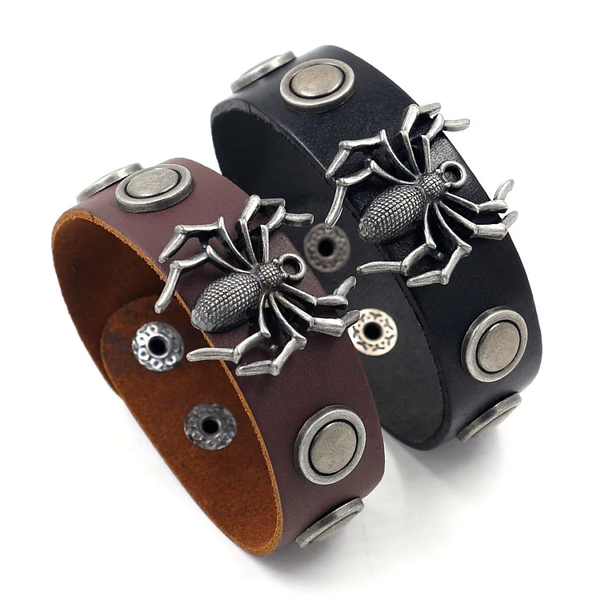 Кожаный браслет в стиле хип хоп панк с заклепками паук широкий на запястье