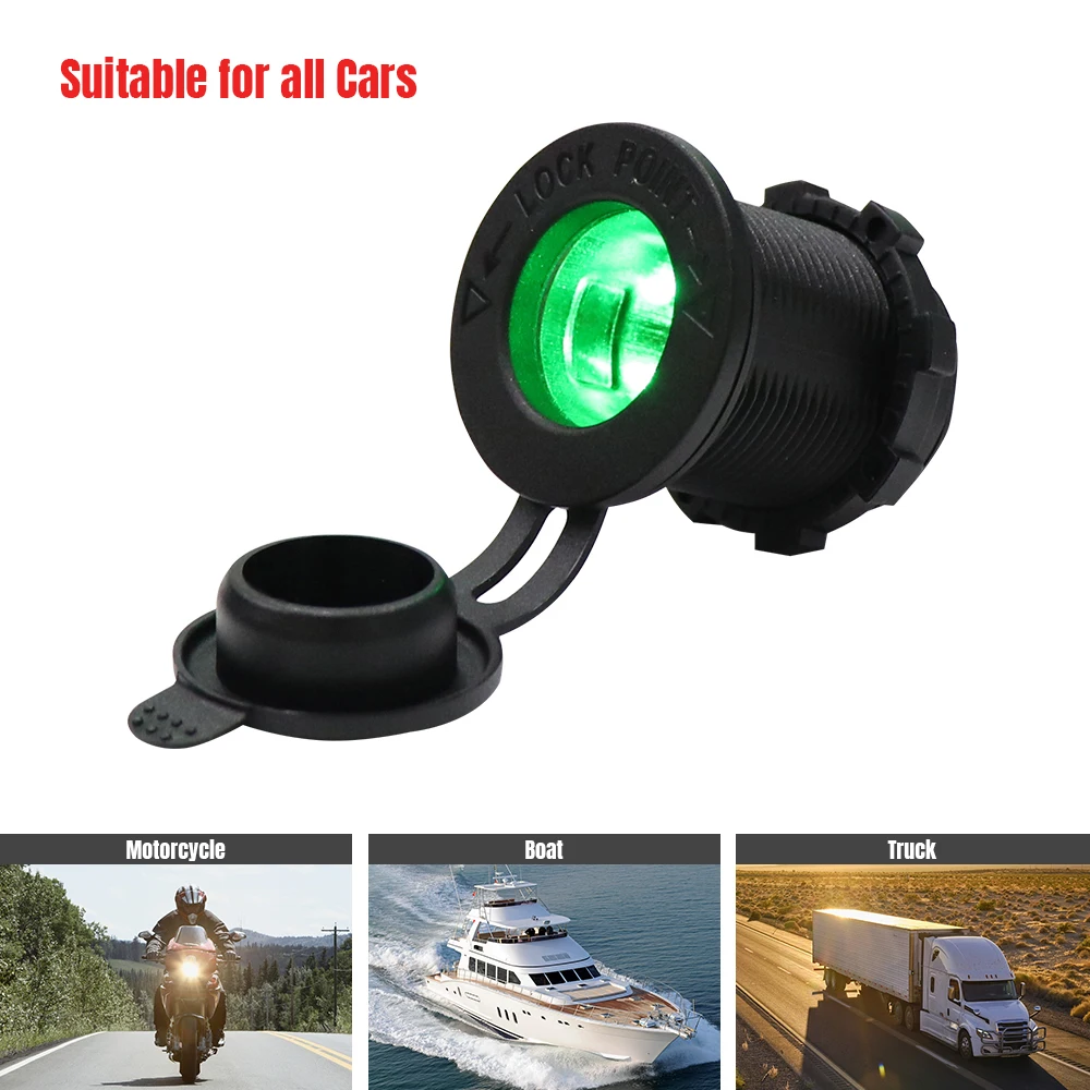 

Car Power Outlet Socket LED Indicator Light 12V Power Plug Motorcycle Waterproof Adapter For Boat Riding Mower Green Light