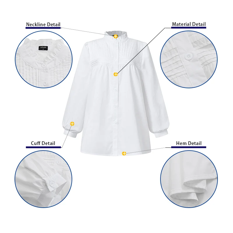

Women Pleated Tops VONDA 2021 Summer Long Sleeve Solid Color Blouse Elegant Lace Neck Button Up Shirts Party Blusas Femininas