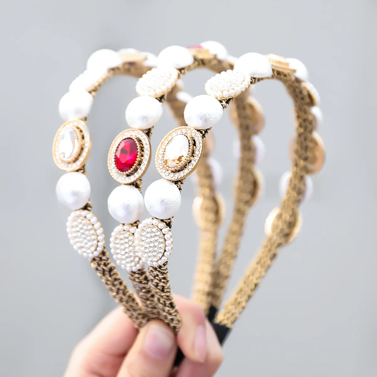

2021 Summer New Metal Imitation Pearl Geometric Glass Headband Female Creative Popular Hair Band Headband Party Accessories