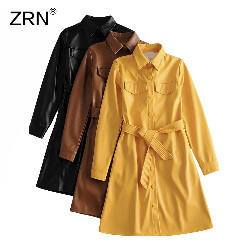 Женское винтажное пальто из искусственной кожи однотонное с поясом и длинными