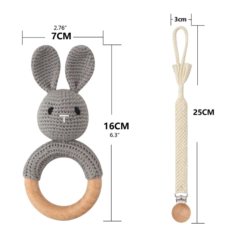 

3 Pcs Newborn Crochet Rabbit Rattle Comfort Toys Baby Pacifier Chain Clip Beech Teether Wooden Teething Ring Dummy Nipple Holde
