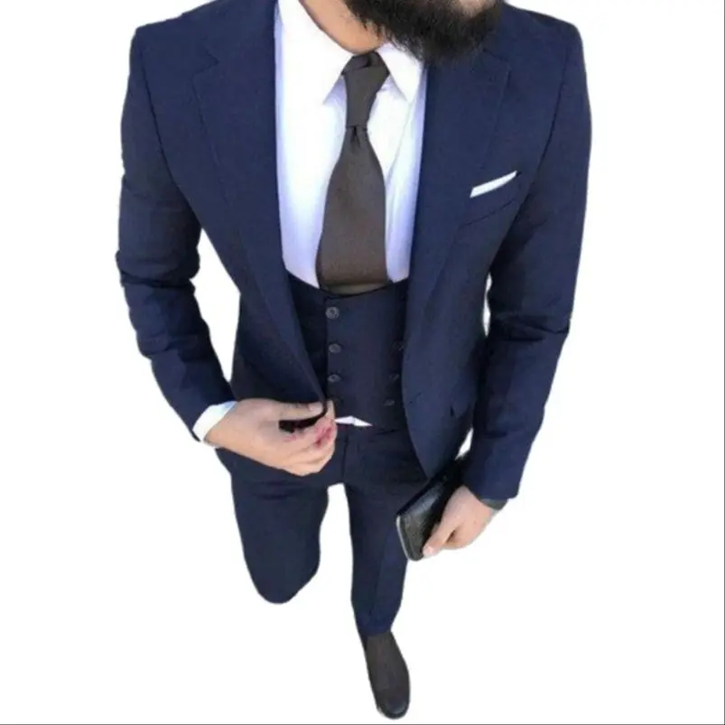 

One Button Navy Blue Groom Tuxedos Notch Lapel Groomsmen Suit Mens Wedding Tuxedos Business Prom Suits (Jacket+Pants+Vest)