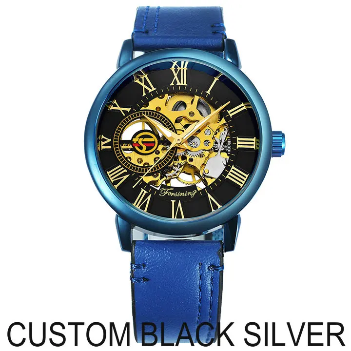 BLACK SILVER FORSINING новые мужские модные часы, мужские механические часы с синим скелетом, мужские часы от ведущего бренда, Роскошные наручные часы с кожаным ремешком - Цвет: BLACK SILVER