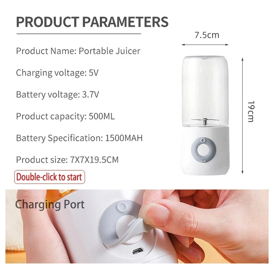 

EZSOZO500ML Smoothie Blender Cup Electric Juicer Portable Sixknife Mini USB Blenders Wireless Press Juice Manual Charging Juicer