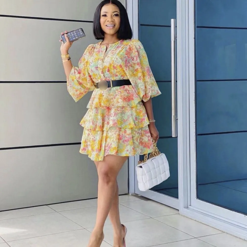 

Large Size Dress For Women's Summer New Round Neck Button Seven-Quarter Sleeves Floral Cake Skirt Loose Pleated Dress Vestidos
