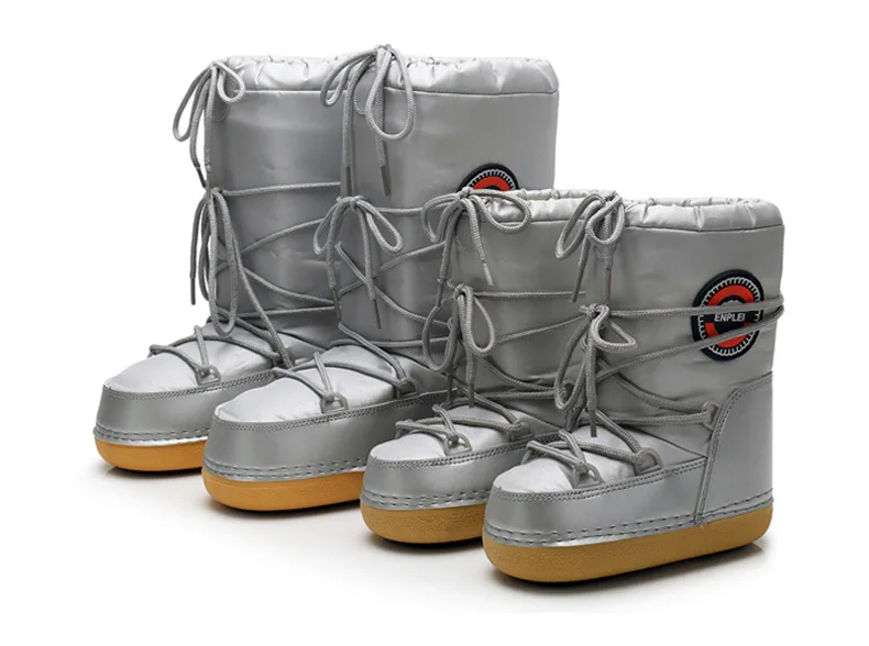 

New Women Men And Kids Winter Snow Boots Waterproof Oxford Cloth And Warm Sponge Lining Moon Shoes Mid-Calf Lace Up Space Boots