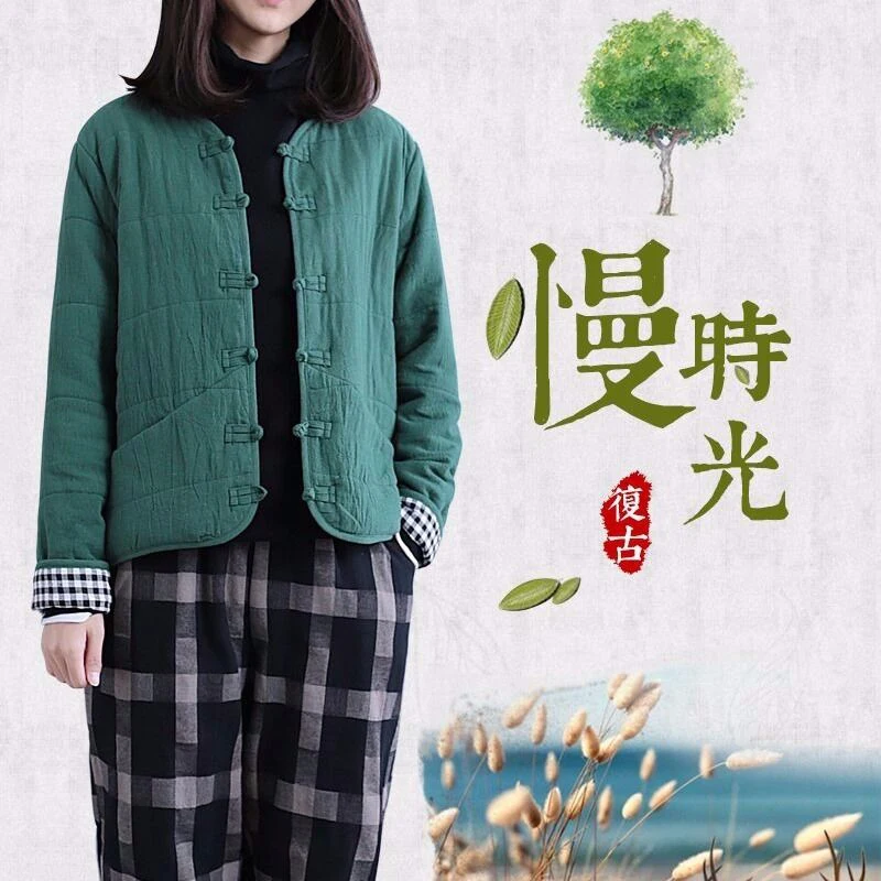 

New Arrival Autumn Winter Arts Style Women Long Sleeve Single Breasted Quilted Warm Coats Cotton Linen Vintage Jackets S556