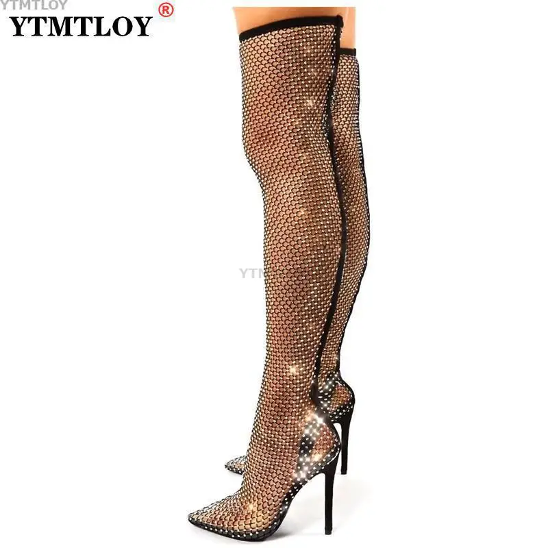 Женские сапоги выше колена прозрачная сетчатая обувь с вырезами заостренный