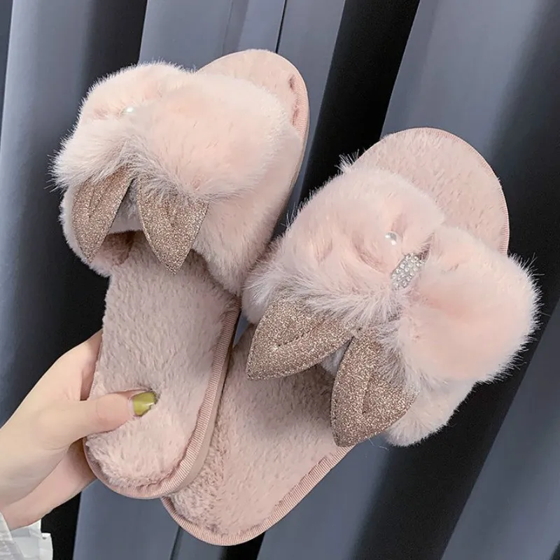 

Round bead Rabbit ears Rosette Fur Warm Slippers Fur slides Ladies Flats Shoes Slip on Bow-knot Home Furry Slippers Cute Woman