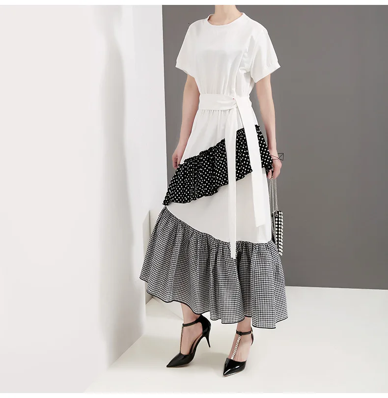 [EAM] New Spring Summer Round Neck Short Sleeve Hem Dot Irregular Plaid Printed Loose Dress Women Fashion Tide JT0880