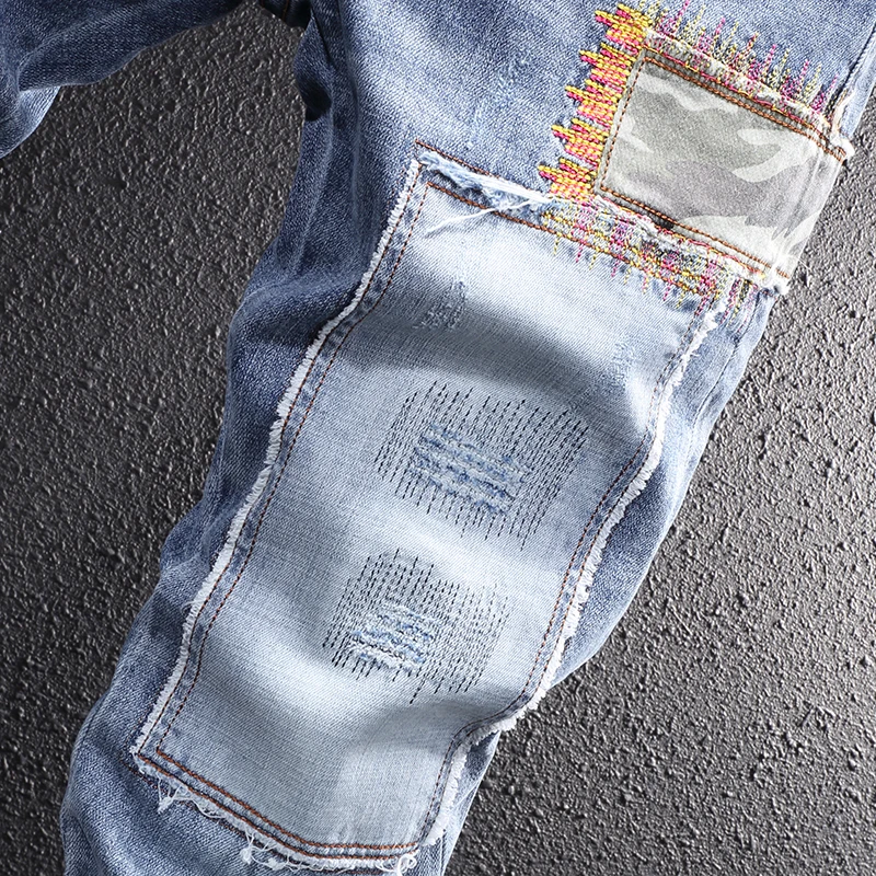 American Street Style Fashion Men Jeans Retro Light Blue Elastic Slim Fit Ripped Jeans Men Patches Designer Hip Hop Denim Pants